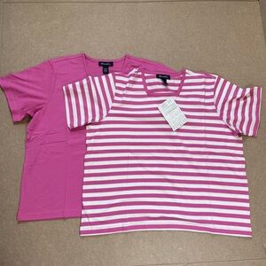 #A78982 Denim & Co. Set of 2 Solid & Stripe Square Neck T-Shirts NWT Bright Pink